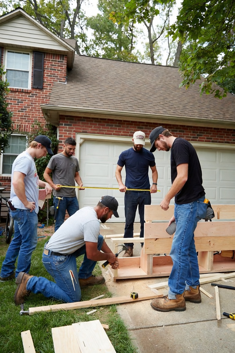 A crew of dads building a project together in the driveway